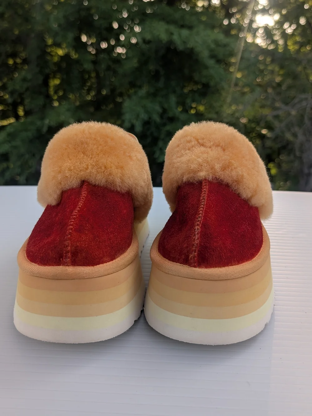 UGG Two-Tone Platform Slide in Orange Faux Fur and Orange Red Upper 7